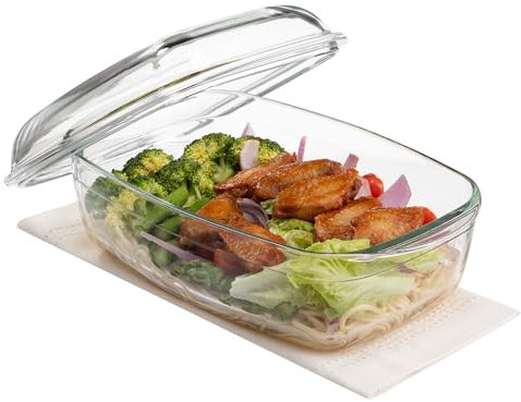Navaris Cacerola de Cristal con Tapa - Fuente de Horno Rectangular Apta para Nevera y Lavavajillas - Bandeja para Cocinar Guardar y Servir Resistente al Frío y Calor
