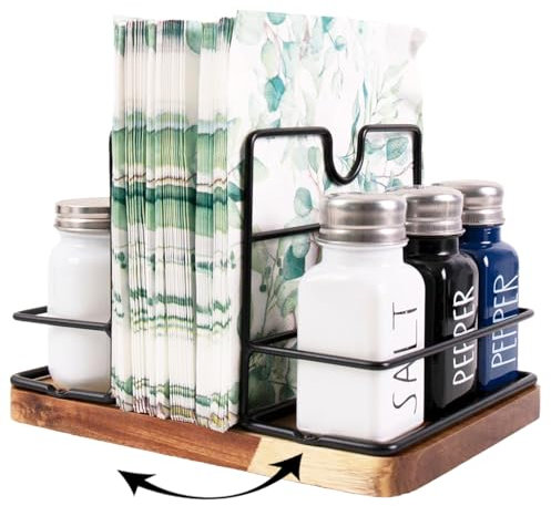 Janxin Wooden Napkin Dispenser for Worktop, Drehbarer Serviettenhalter, Serviettenhalter hHolz, 360° Drehbar, Geeignet für Papierhandtücher und Gewürzflaschen(Holzfarbener Sockel + drehbar)