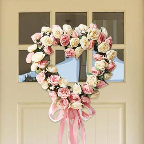 JOYWU Heart Shaped Rose Wreath,35cm Valentine’s Day Floral Wreath with Ribbons,Artificial Rose Flowers Wreath,Heart-Shaped Wreath for Front Door,Valentine’s Day Wedding Decoration (Pink)