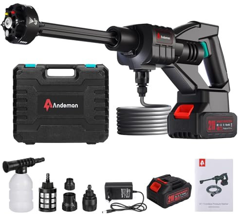 ANDEMAN Akku Hochdruckreiniger, Druckreiniger Mobiler mit 3,0Ah Akku Max.55 Bar, 6-in-1 Düse & 5m Schlauch, Schaumsprüher,1,5GPM für Auto, Terrasse, Garten und Zaunreinigung (Kabellos & Leicht)