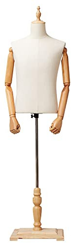 OWOHYG Verstellbarer Männlicher Schneiderpuppen-Torso Mit Holzarmen Und -Basis, Robuster Schaufensterpuppenständer(Natural-Squarebase)