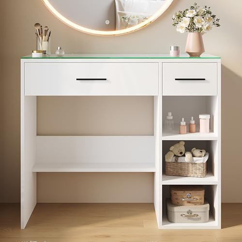 SUNXURY Schminktisch 900x400 mm mit Glasplatte 2 Schubladen und 3 offenen Ablagen Frisiertisch Kosmetiktisch für Mädchen Weiß Modern Design Schminktisch ohne Spiegel