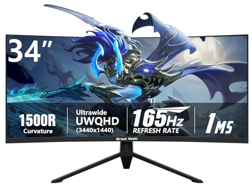 Great voell Moniteur de Jeu incurvé 34 Pouces, UWQHD (3440 x 1440), 165 Hz, Courbure 1500R, HDR10, FreeSync, Contraste 4000:1, Panneau VA, VESA 100 x 100 mm, pour Bureau à Domicile et multimédia