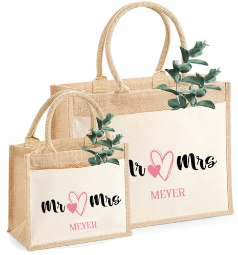AMBERGER DESIGN by A&M Osterhage amd Personalisierte Jute-Tasche Mr & Mrs Herzen Wunschname Personalisierbares Geschenk für Brautpaare Hochzeit Flitterwochen Frisch verliebte