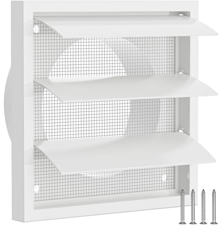 Hon&Guan Rejillas de Ventilación Rectangular 100mm con Láminas Móviles & Mosquitera, 140 mm x 140 mm PP Exterior Rejilla Aire Acondicionado Conductos Cubierta para Baño, Cocina, Campana Extractora