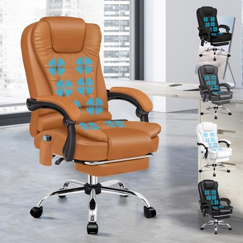 ALFORDSON Ergonomisk kontorsstol, skrivbordsstol med värmemassagefunktion, datorstol i PU-läder med vadderade armstöd och mjukt nackstöd, snurrstol med hjul, brun