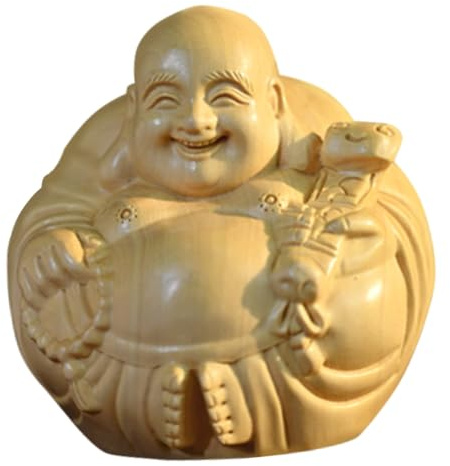 FONDOTIN Adorno Decoración Única de Madera de Boj Artesanal Forma de Buda Maitreya y Diseño Delicado para Mesa Base Plana para Hogar y Oficina