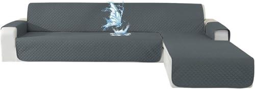 CYCMACO Vattentätt Hörnsoffskydd 3-Sitsig, Chaise Longue Sofa Med Armstöd, Universellt Sofföverdrag L-Form Halkfritt Quiltat, Soffskydd Peninsula Fläckavvisande (255cm, Mörkgrå)