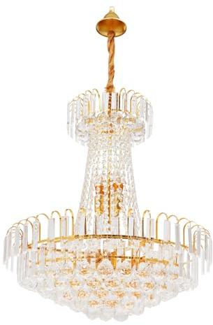MIUKYUI Moderne Luxus Goldener Kristall Kronleuchter Lüster 60cm Durchmesser in Gold für 7x E14 Birnen mit K9 Kristallen und Höhenverstellung für Deckenmontage Beleuchtungsfläche 10-15m²