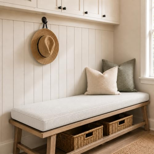 AEHO Cojín Banco de Pana,90x40x5cm, Cojines de Asiento 5cm Espuma 50D, Cojín Muebles Antideslizante con 2 Cintas, Cojín para Banco, Muebles de Interior Ventanales y Sofás,Blanco