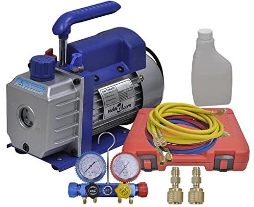 Runheo Pompa a vuoto monostadio con distributore a 4 vie Manometro Set Alloggiamento Alluminio 220V 50Hz 120W per Condizionatore Accessori Refrigerante R134 R410a R22 R407c Riparazione e Manutenzione