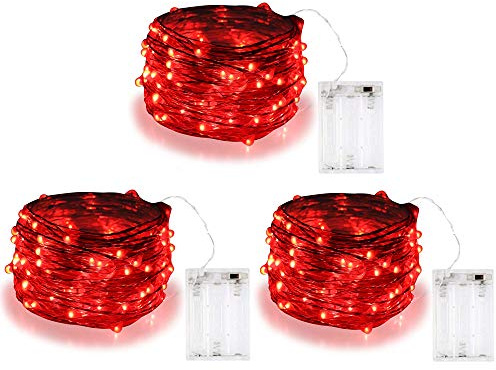 BOLWEO Batteriebetriebene Lichterkette, 3 m, 30 LEDs, rote Ambientebeleuchtung für Party, Hochzeit, Urlaub, Weihnachten, Silvester, Dekoration, 3 Stück
