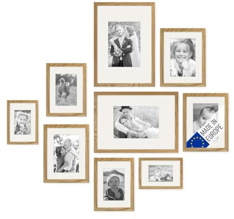PHOTOLINI Echtholz-Bilderrahmen-Set mit Passepartout, 9er Rahmenset, Eiche, Holzrahmen Made in EU, bruchsicheres Acrylglas, zum Aufhängen, extra Zubehör - für Fotos & Bilder