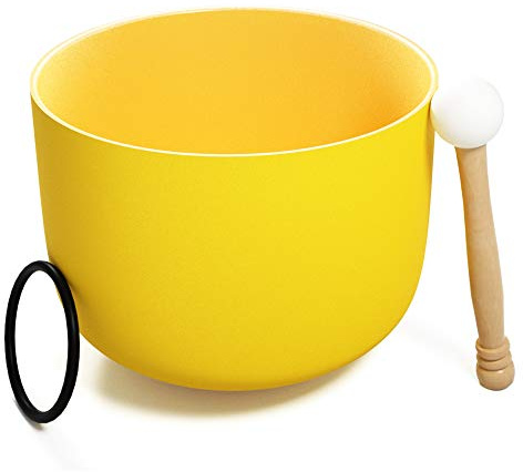 KELIODY Kristall Klangschale, 440 Hz G Note Gelb Solarplexus-Chakra 8 Zoll 20 cm, Crystal Singing Bowl mit O-Ring und Schlägel, Entspannung, Meditation, Yoga, Geschenk