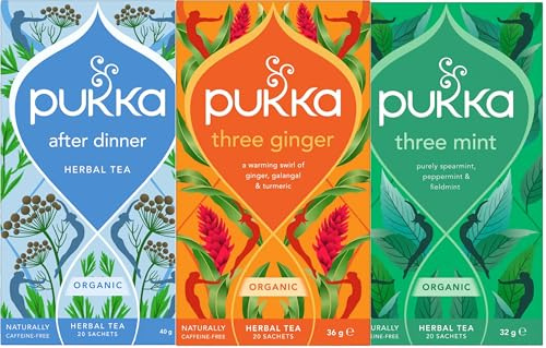 Pukka Herbs Variety Pack - 3 Boxes of Organic Herbal Tea in Mint, Ginger and Feel New Blends - 60 Bags