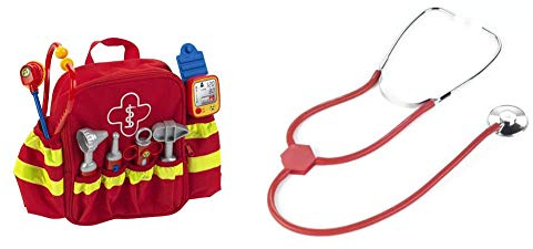 Theo Klein 4314 Rettungsrucksack I Mit Stethoskop, Spritze und vielem mehr I Elektronischer Blutdruckmesser mit Sound I 28 cm x 25 cm x 8,5 cm I bunt & 4608 - Spiel-Stethoskop aus Metall, Spielzeug