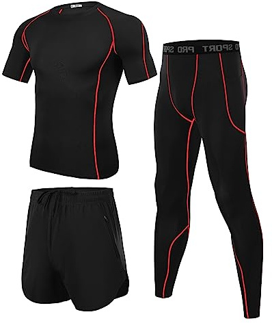 Wayleb Ensemble Compression Homme Tenue Sport Fitness Maillot Serré Tee Shirt Compression Legging Pantalon Jogging Vêtement Running 3 Pièces,Medium+Noir