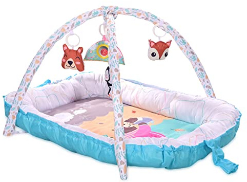 Lorelli Spielbogen Krabbeldecke Nest 2 in 1 Babynest hängende Stofftiere Spiegel, Farbe:blau