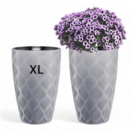 MELTOM Blumenkübel Blumentopf Pflanzkübel mit Herausnehmbaren Einsatz Rund 3D Effekt Dekorativ Größe XL Grau