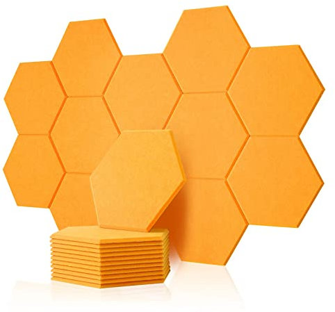 Rdutuok 12 pannelli acustici esagonali, 30 x 26 x 1 cm, assorbitori acustici, pannelli acustici, da parete per studio, ufficio, studio e decorazione da parete (arancione giallo)