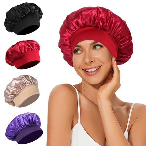 Cuffia per capelli in raso, 4 pezzi, per dormire, con fascia elastica in seta, morbida e traspirante (nero, rosso, viola, oro)