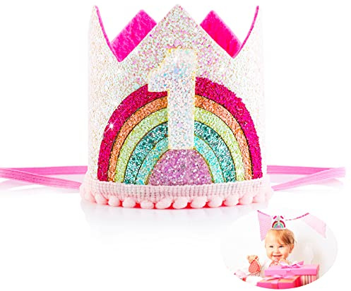 Abeillo Geburtstagskrone für 1 Jahr Baby, Prinzessin Krone, Einstellbare Haarband für Ersten Geburtstag Party, Kinder Partyhüte Deko (Rainbow)