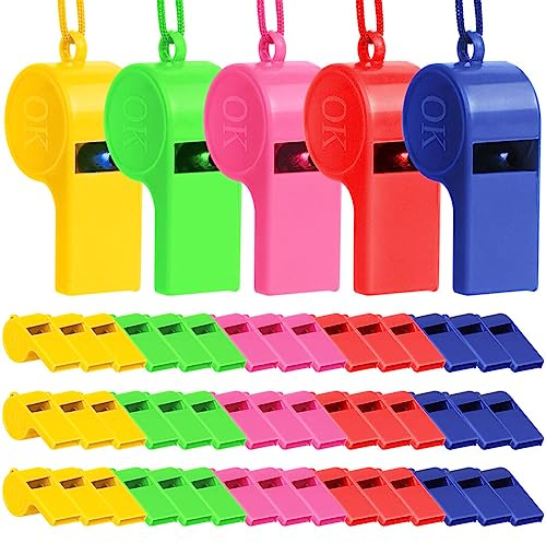 Vicloon Sifflets de Sport en Plastique, 60pcs Sifflet de Sport avec Cordon, Sifflets en Plastique Colorés Sifflet Puissant Idéal pour Les Entraîneurs, Les Arbitres et Les Officiels