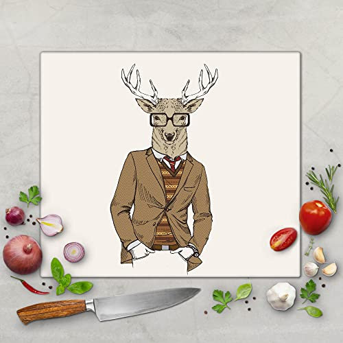 banjado Schneidebrett Glas mit Motiv Doktor Hirsch - großes einteiliges Glasschneidebrett rechteckig 60 cm x 52 cm - auch verwendbar als Schneidebrett Herdabdeckung
