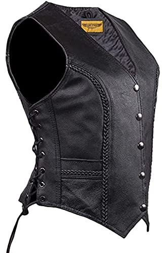 Dream Apparel Womens Black Leather Motorcycle Vest for Riding W/Concealed Carry Pockets, Biker Vest Club Vest W/Side Laces