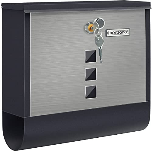 MONZANA® Briefkasten Kreuzschloss mit Kupfer-Schließzylinder drehbare Abdeckung 31x10x34 cm Sichtfenster Namensschild Zeitungsfach legierter Stahl 2 Schlüssel Postkasten Schwarz-Silber
