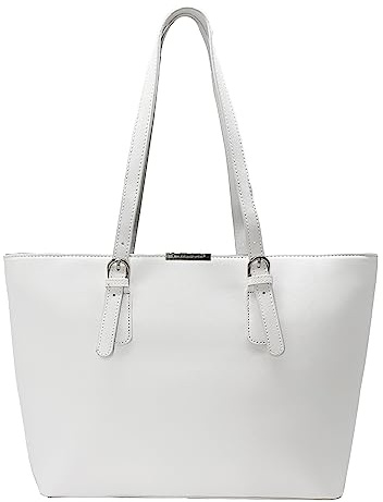 David Jones - Bolso de Mano Grande Mujer - Tote Bag Shopper Piel PU - Bolso de Hombro Trabajo Shopping Gran Capacidad Cuero - Bolso de Compras Asa Larga - Escuela Estudiante Moda - Blanco
