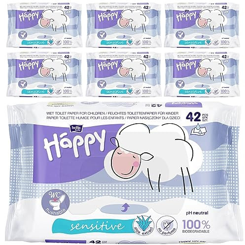 bella baby Happy feuchtes Toilettenpapier Sensitive 100% biologisch Abbaubar 7er Pack 7x42 Stück, Feuchte Toilettentücher für Kinder