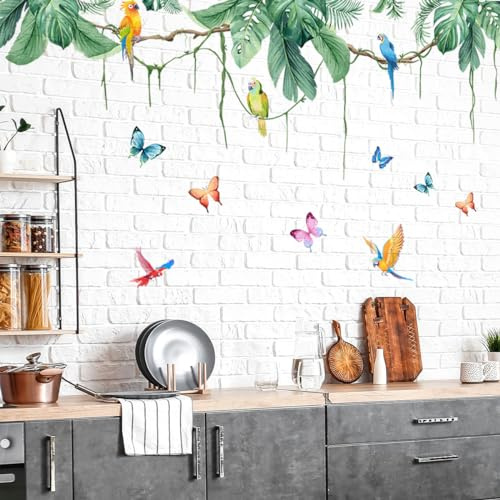 COVPAW Wandtattoo Pflanzen Tropische Blätter Wandaufkleber Baum Vogel Hängende Pflanzen Grün Wandsticker Kinderzimmer Wohnzimmer Schlafzimmer Flur Wanddeko (Dschungel)