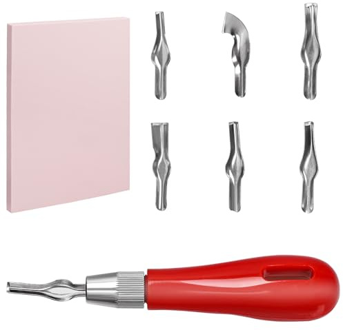 Tanstic 2Pcs Rubber Stamp Carving Kit, Includes 4 x 6 Inch Rubber Block Stamp Carving Block with Cutter Tools, Linoleum Cutter with 6 Types Blades for Printmaking, Printing