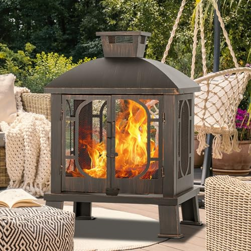 Panovue 114,3 cm H x 78,9 cm B Metall-Kamin Feuerstelle mit Grill und Feuerschürhaken | Holzfeuerstellen für den Außenbereich, quadratischer Kamin mit Gittertür für Garten, Grill, Lagerfeuer