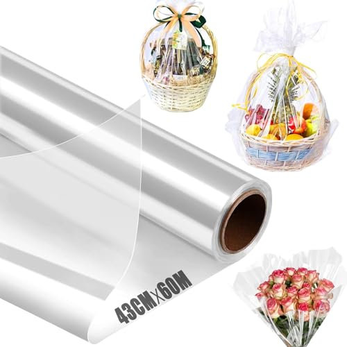 Mbsomnus 43cmx60m Geschenkfolie Transparent Rolle Groß Cellophanfolie Wasserdicht Durchsichtiges Geschenkpapier Folie Geschenkpapier Transparent für Hochzeit Blume Leckereien Wrap Geschenk Baskt
