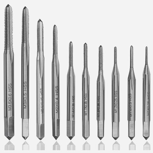 Gewindebohrer Set Miniatur 10 Stück Gewindeschneidwerkzeug Set HSS Metrisches Gerades Rohr M1 M1.2 M1.4 M1.6 M1.7 M1.8 M2 M2.5 M3 M3.5 für Einstellbar Windeisen Gewindeschneider Halter Rollgabelschlüs