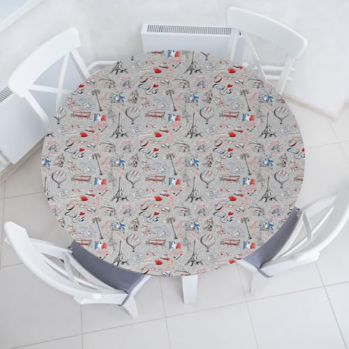ABAKUHAUS Paris Elastisches Rundtischtuch, Frankreich Stadt der Liebe, Rundum-elastische Stofftischdecke, 100 cm - 110 cm, Mehrfarbig