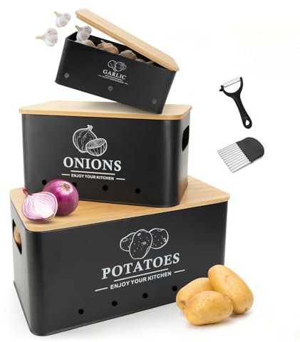 Dekosilave Kitchen Vegetable Storage Set of 3, Metal Onion Garlic Potato Storage Set, Kitchen Canisters Vegetable Keeper Containers with Aerating Holes and Wooden Lid (Black)