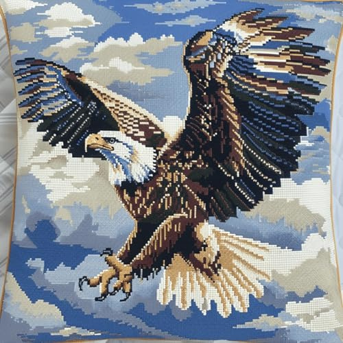 RKFLGEW DIY knüpfen set erwachsene Adler Tier knüpfkissen Fliegender Vogel Bezug Knüpfhaken-Kissenbezug，DIY-Kissenbezug-Set，Kissenbezug-Bastelsets für Erwachsene mit bedruckter Leinwand 43x43cm