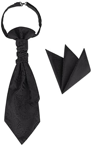 WANYING Cravatta da uomo prelegata e fazzoletto da taschino, 2 in 1, regolabile, con chiusura a gancio, per matrimonio, motivo Paisley nero, Con fazzoletto da taschino - nero, Taglia unica