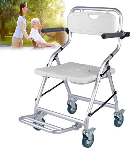 Generisch Toilettenstuhl mit Rollen für Senioren 150kg, Duschstuhl Faltbar Multifunktion Auf Rollen mit Bremsen und Armlehnen, Duschhocker Klappbar für Senioren Behinderte Schwangere