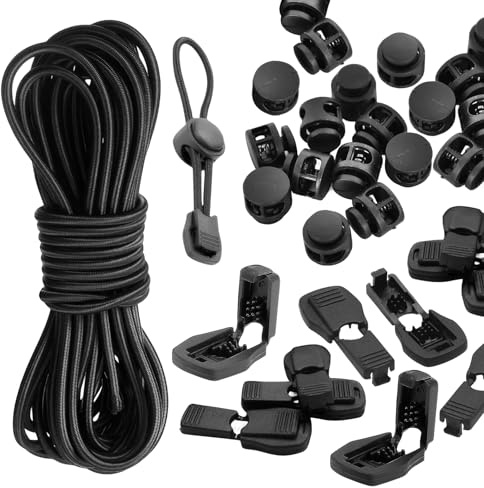 Cordón de goma elástico de 10 m, 3 mm, cordón de goma elástico con 40 topes de cordón, 20 topes de cordón, 2 agujeros, cordón de goma para cordón, mochila, tendedero, tope para cordones
