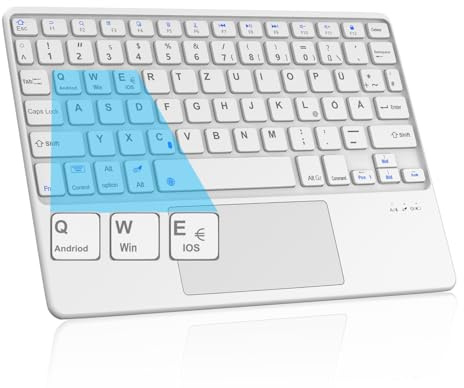 JADEMALL Bluetooth Tastatur mit Touchpad für iPad Air, Samsung - Kabellose, Ultraleichte Deutsche QWERTZ Tastatur mit iOS-Sondertasten, ohne Beleuchtung, 10 Zoll, Weiß