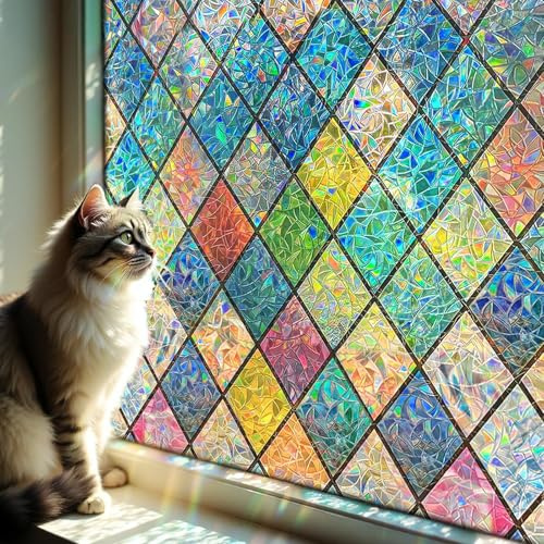 DARUITE Fensterfolie Bunt Fensterfolie Blickdicht mit Regenbogen Rautenmuster Elektrostatische Nicht Klebende UV-beständige Sichtschutzfolie Fenster Für Home, Office 90 x 200cm