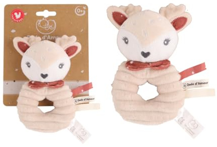 DODO D'AMOUR - Schmusetuch Rassel - Reh - 053973 - Beige - Schmusetuch - Geburt - Plüschtier - Baby - Beruhigend - Weich - Waschbar - 13 cm x 10 cm - Ab 0 Monaten