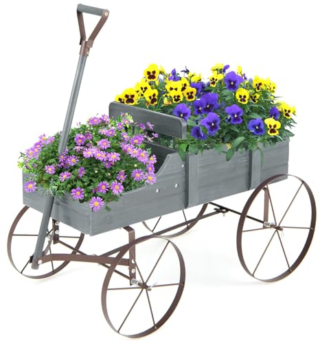 SOARS Brouette Jardin, Chariot à Fleurs avec 4 Roues en Métal, Support Pot de Fleur en Bois 62 X 34 X 60 CM, Charge Maximale 15 KG, Décoration de Jardinière, pour Jardin, Balcon (Gris)