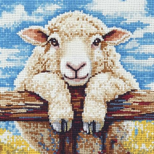 WallustrioaW Tier Schaf Knüpfhaken-Kissen-Set,Ziege liegt auf dem Zaun,DIY-Kissenbezug Zum Basteln,Bedruckte Leinwand Für Anfänger,Kissenset Für Heimdekoration,43x43cm