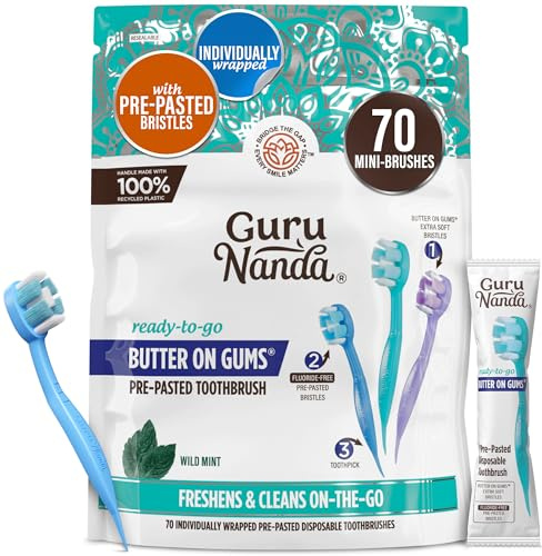 GuruNanda Ready-to-Go Disposable Mini Travel Toothbrush - Butter on Gums Softex Bristles, Prepasted Toothbrush & Toothpick - Fluoride-Free, No Rinsing Needed, Individually Wrapped, 70 Ct