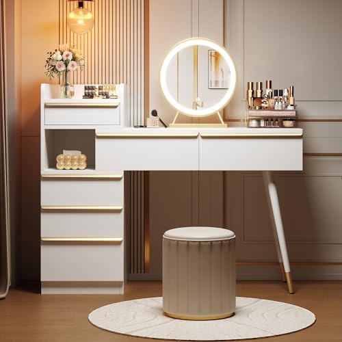 Merax Schminktisch mit Spiegel und LED-Beleuchtung, Dressing Table mit Seitenschrank, Vanity Desk mit 6 Schubladen und Goldgriffen, Weiß, 102x100x41.5 cm(ohne Hocker)